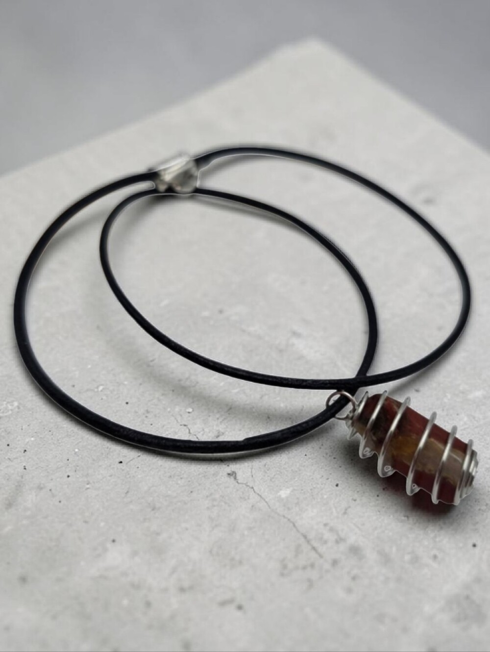 Handmade Japer Stone Pendant in Silver Spiral Cage Necklace